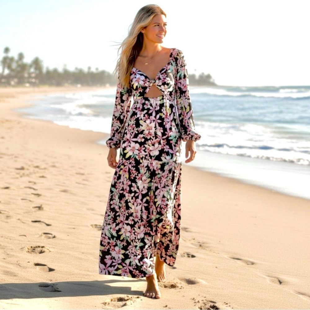 🟡 Roxy Floral ON HOLIDAY Maxi Dress - Black and Pink